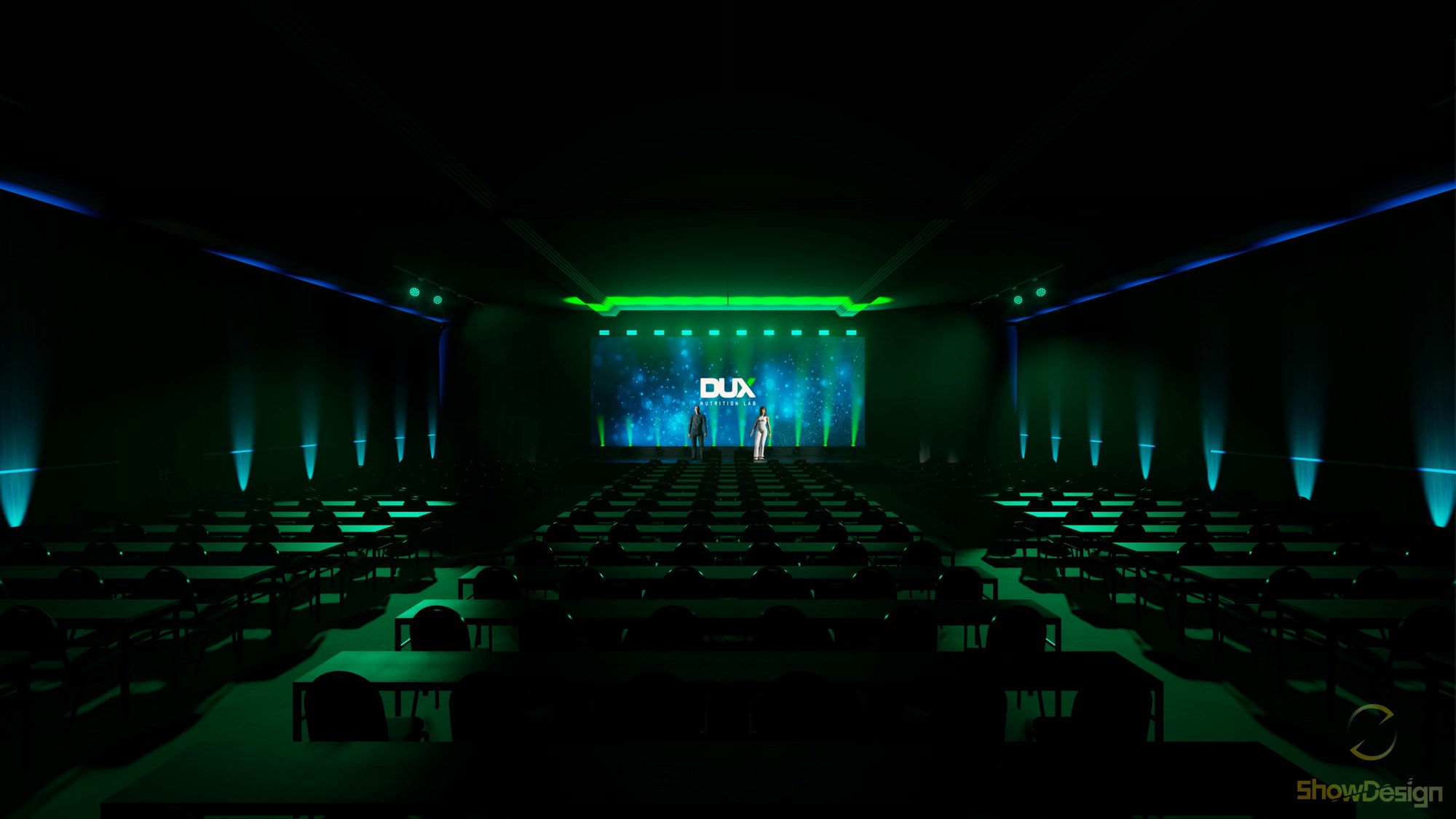Render do palco do evento DUX com LED de 12 metros, luz verde e plateia em formato escola no Itu Plaza Hotel