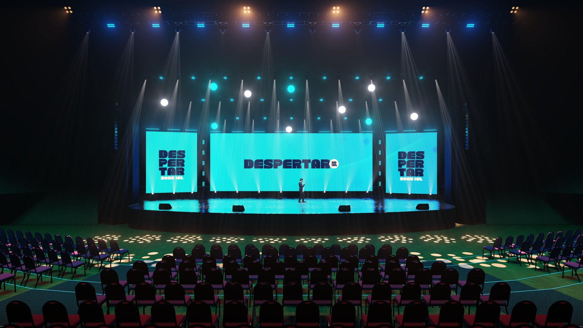 Render do palco do ICL 2026 com três telas de LED, feixes de luz e arquibancada curva no Vibra São Paulo