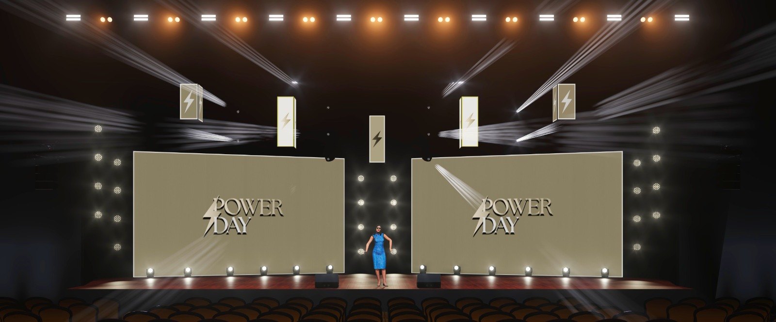 Render 3D do palco em V do Power Day, com duas telas de LED anguladas, telas flutuantes e torres de luz