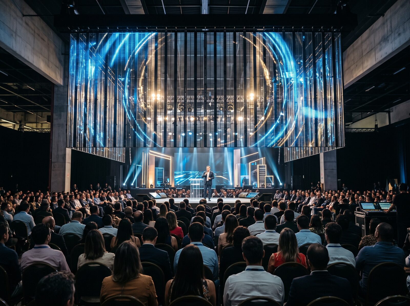 Tela de LED transparente com réguas finas sobre palco de convenção, com o palco visível através da imagem
